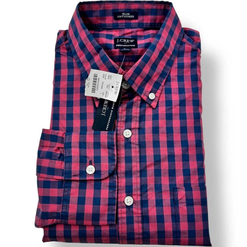 J.Crew Pink Blue Gingham‎ Performance Slim Untucked Shirt Cotton Poly Large NWT